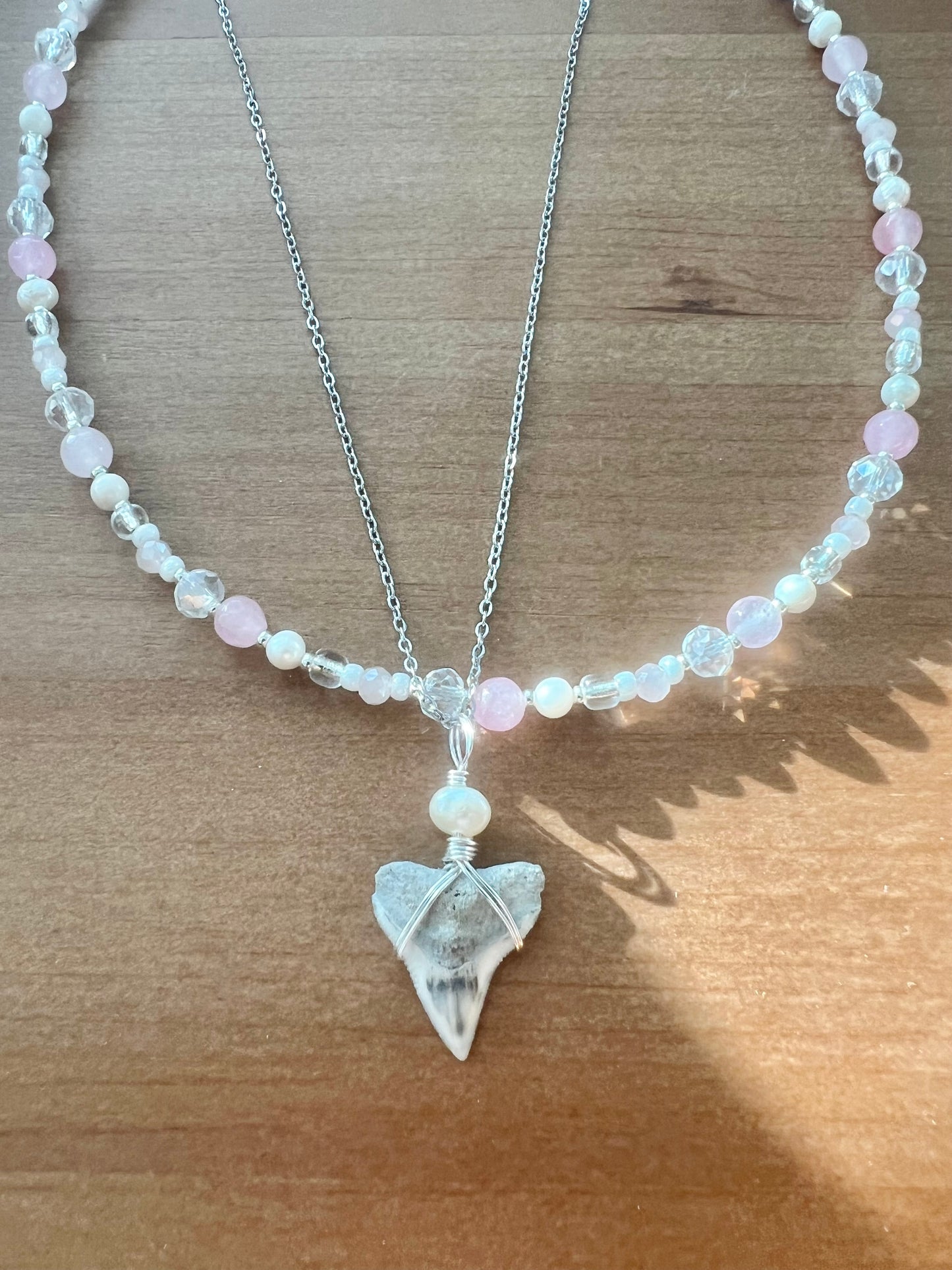 Rose quartz + pink pearls + Bull Shark tooth necklace set