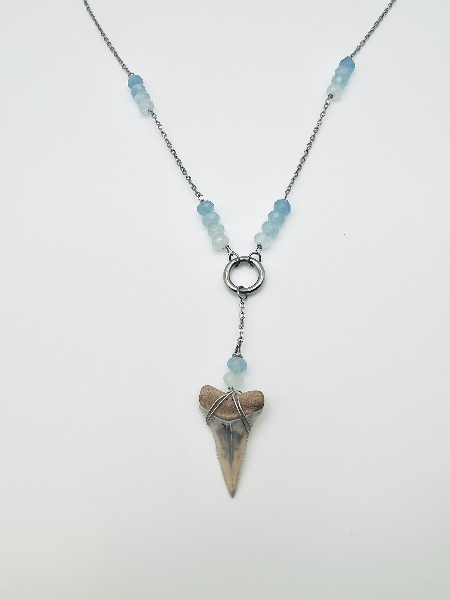 Aquamarine + Cream Great White Shark tooth necklace