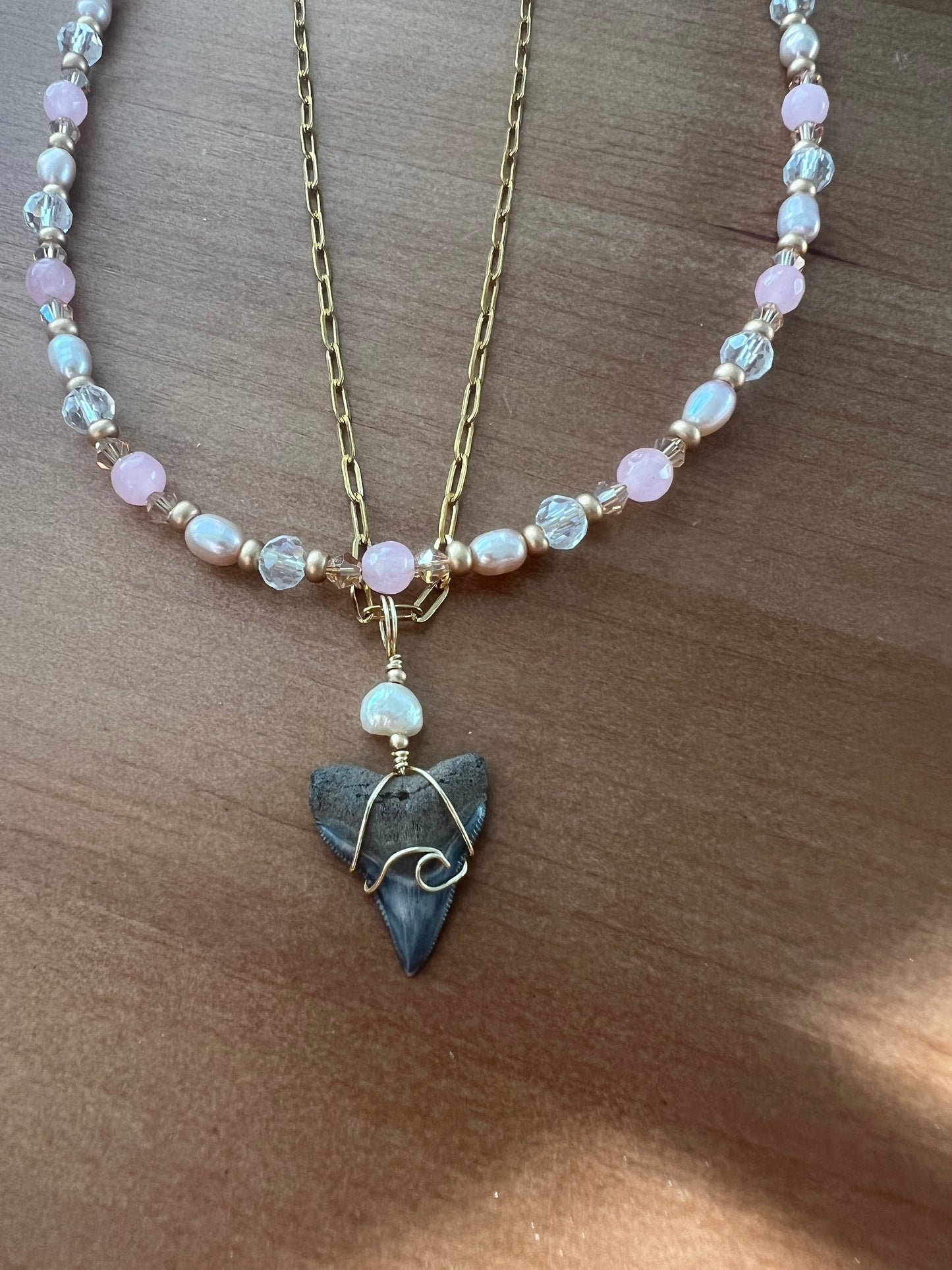 Rose quartz, pink pearls, & Bull Shark tooth necklace