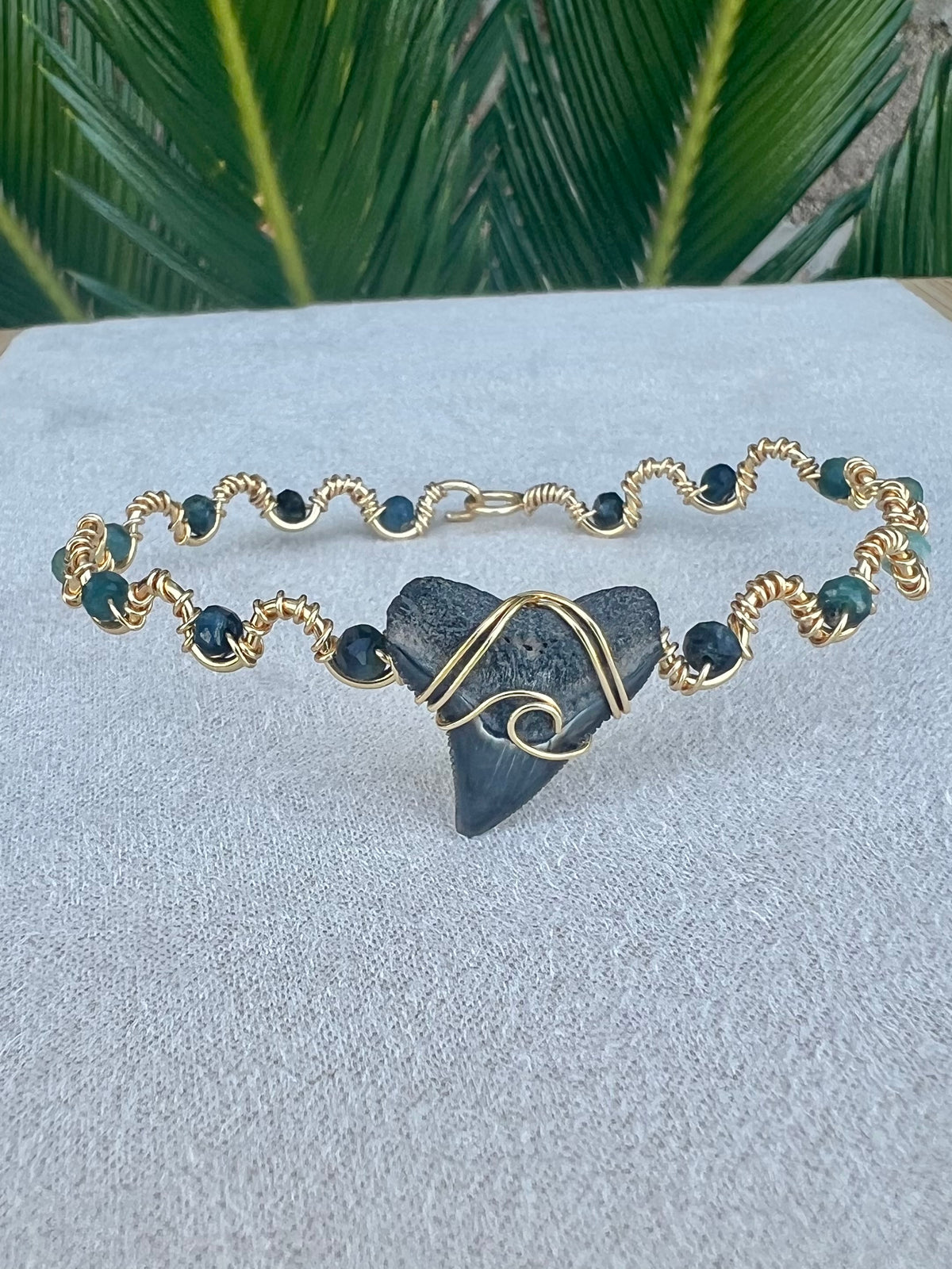 Shark tooth + Blue Tourmaline Gold Cuff Bracelet
