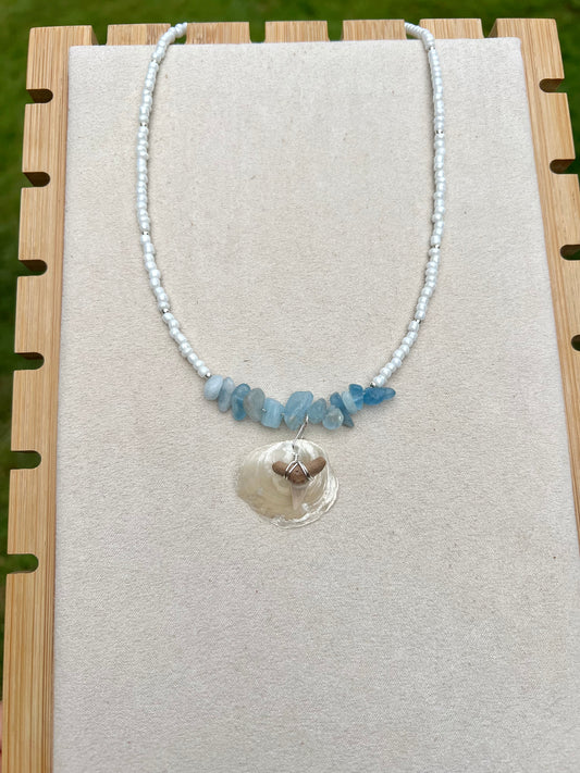 Ocean Spirit – Shark Tooth Necklace with Jingle Shell and Aquamarine Accents