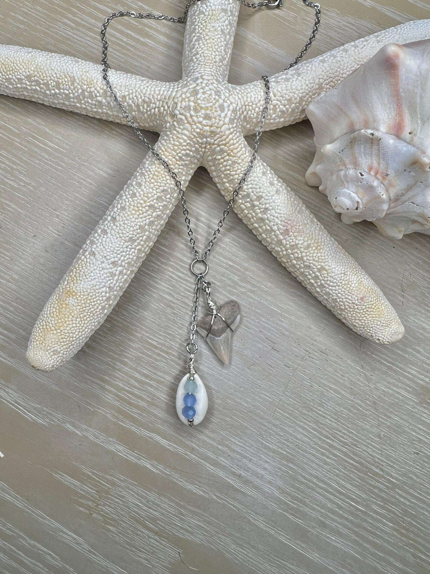 COASTal Cowgirl -shark tooth + Cowrie Lariat necklace