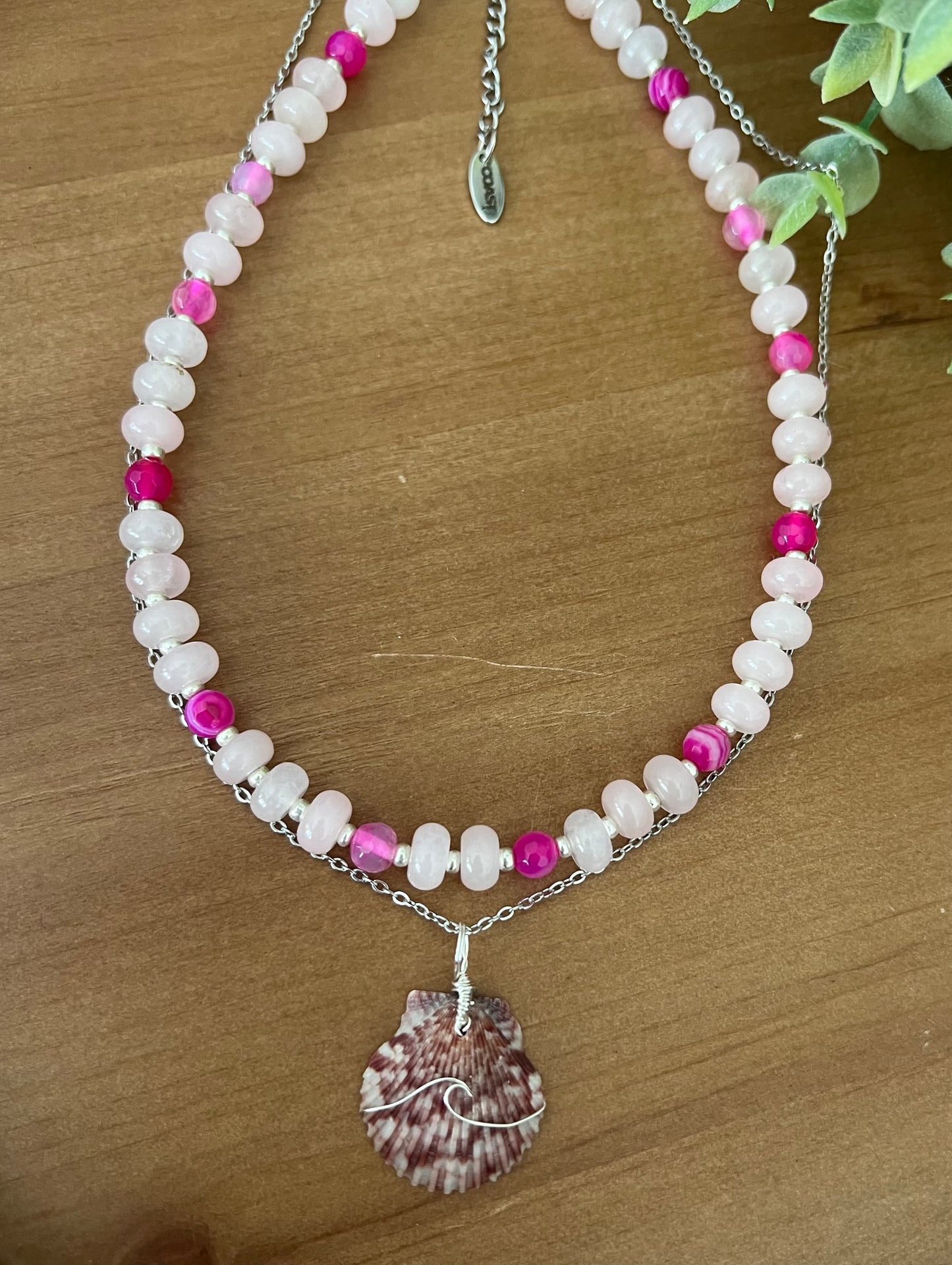 Calico Kiss- 2 layer scallop shell with rose quartz and hot pink Botswana beads