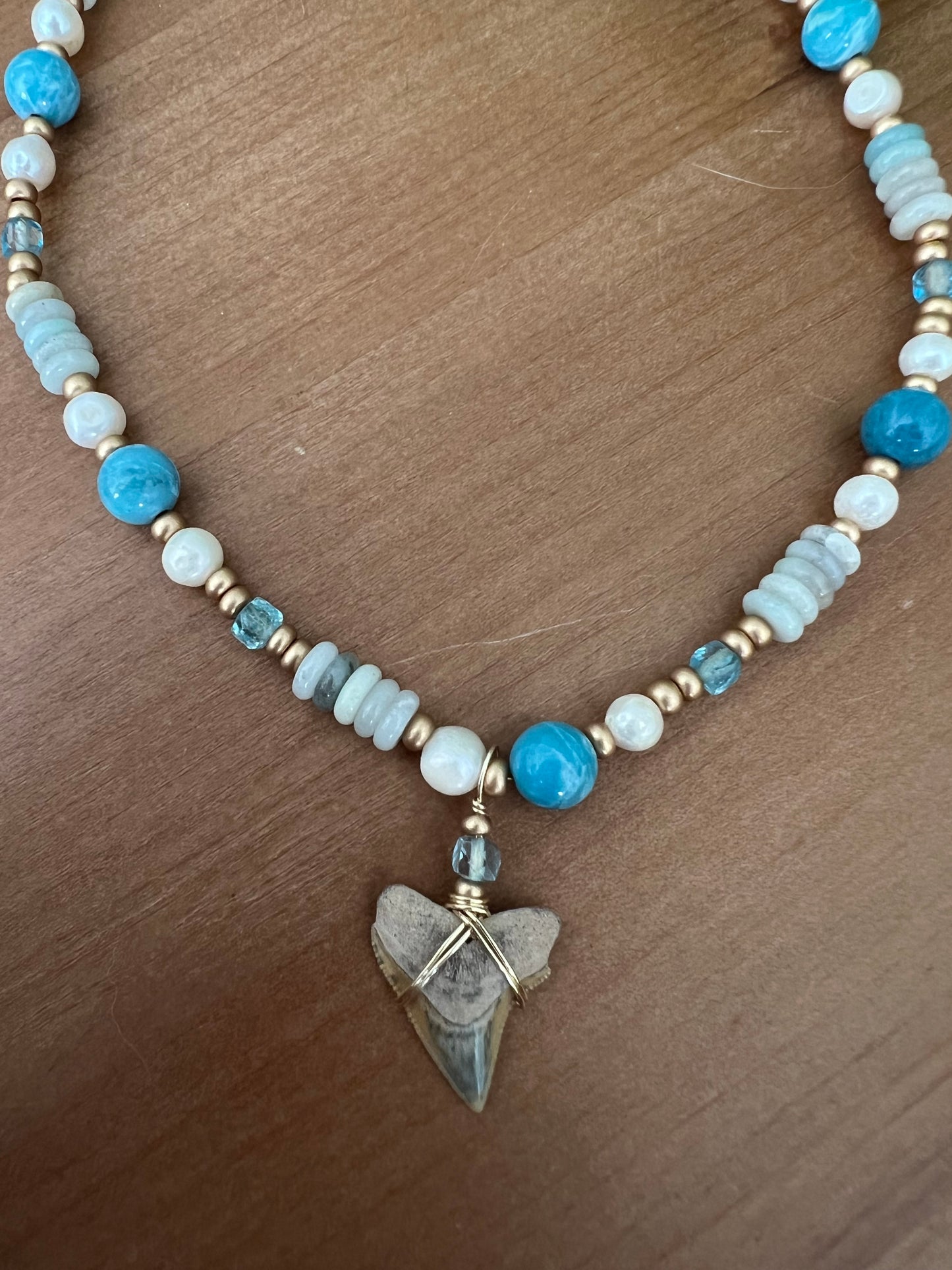 Blue Hour- Rare Bull Shark Tooth with Larimar quartz, blue topaz, freshwater pearls, and sea sediment beads