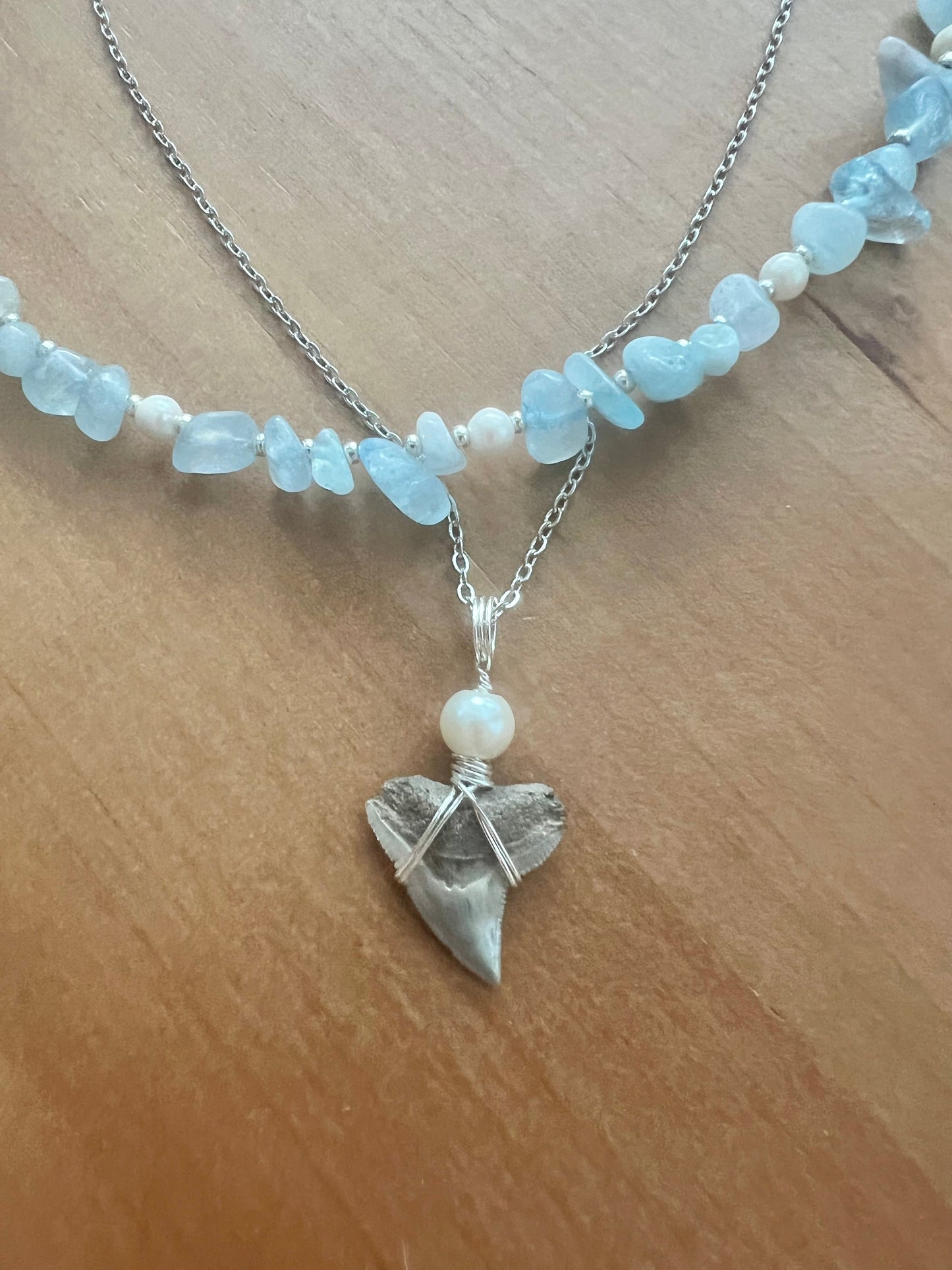 Aquamarine + Pearl + Bull Shark tooth necklace set