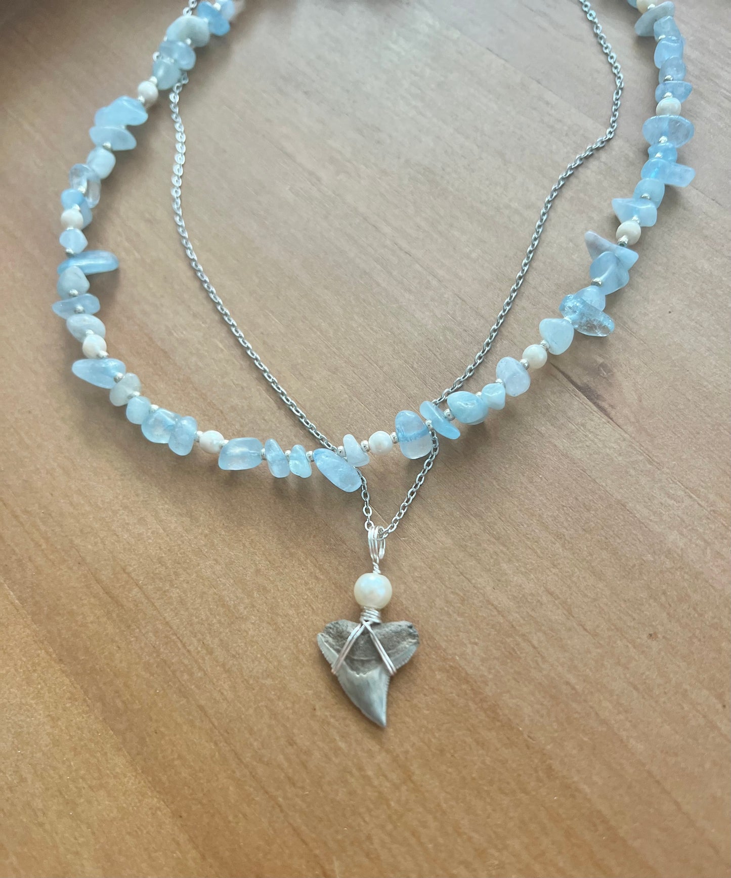Aquamarine + Pearl + Bull Shark tooth necklace set