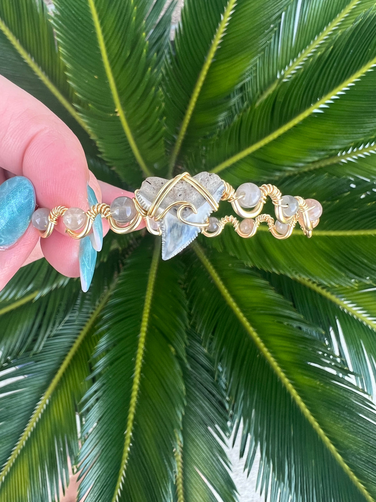 Shark tooth + moonstone gold cuff bracelet