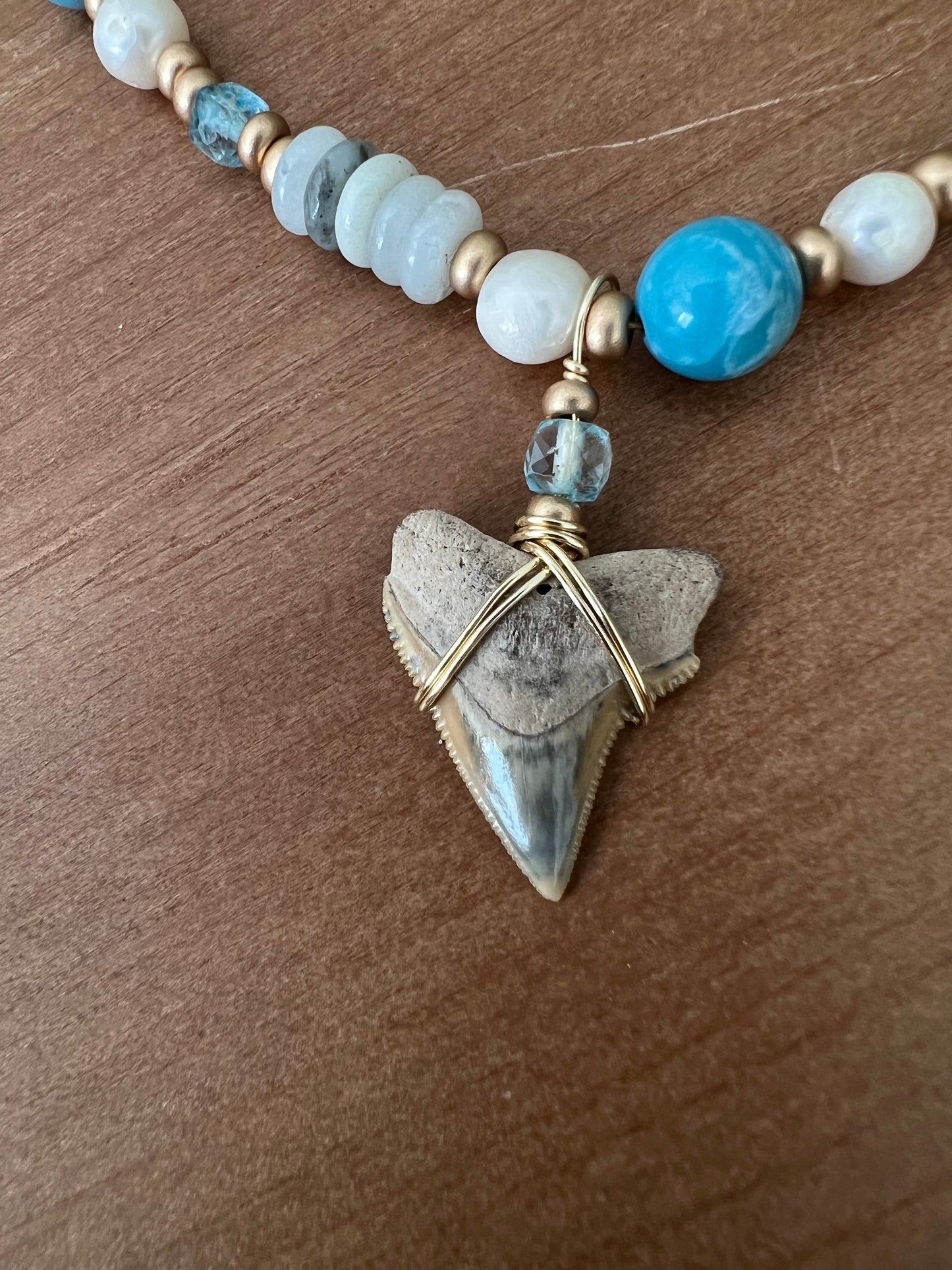 Blue Hour- Rare Bull Shark Tooth with Larimar quartz, blue topaz, freshwater pearls, and sea sediment beads