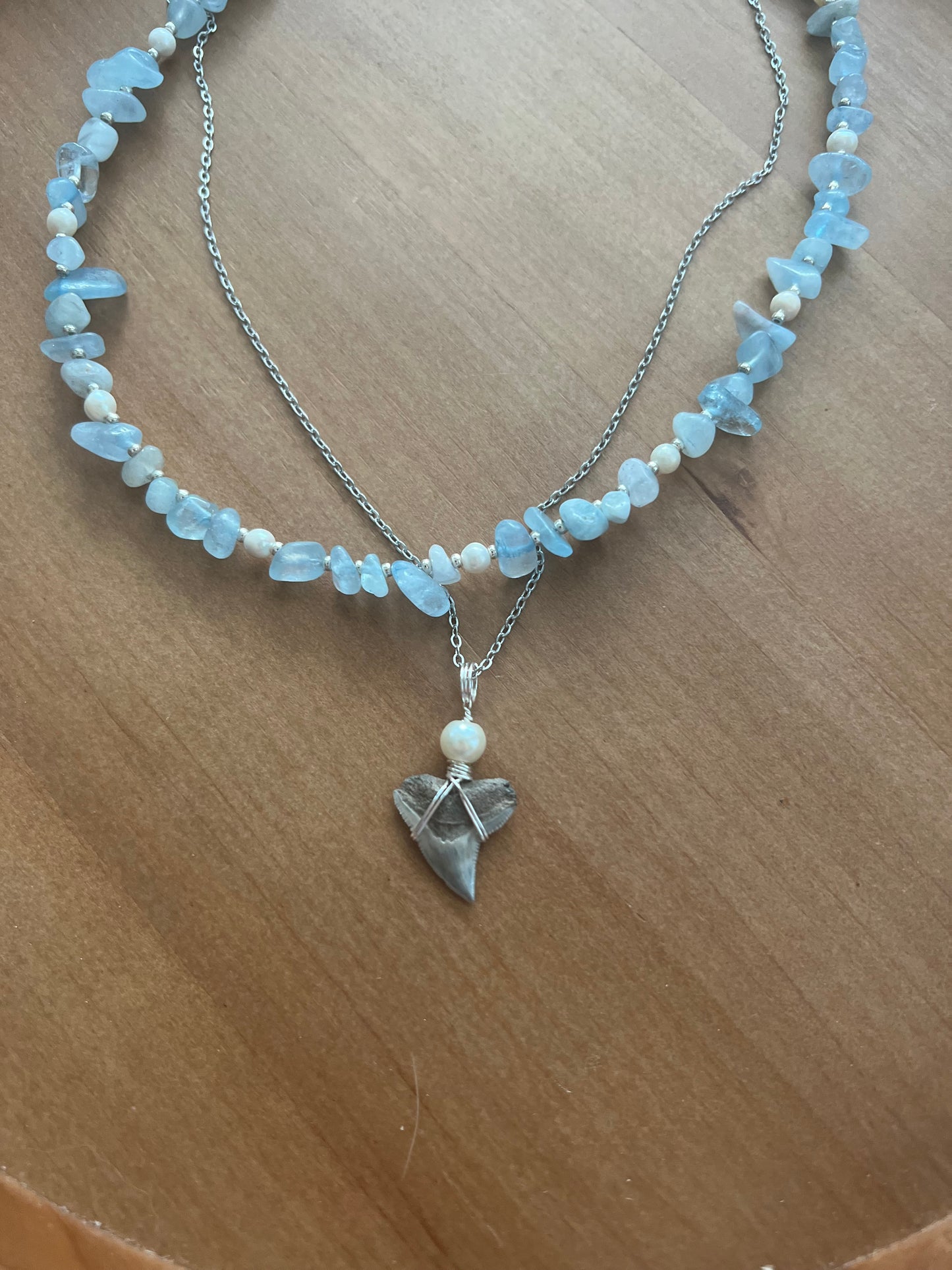 Aquamarine + Pearl + Bull Shark tooth necklace set