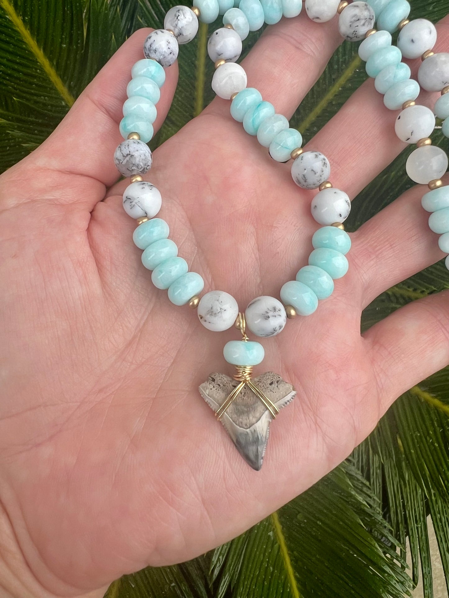White Opal and Caribbean Blue Jade beaded necklace with unique cream shark tooth