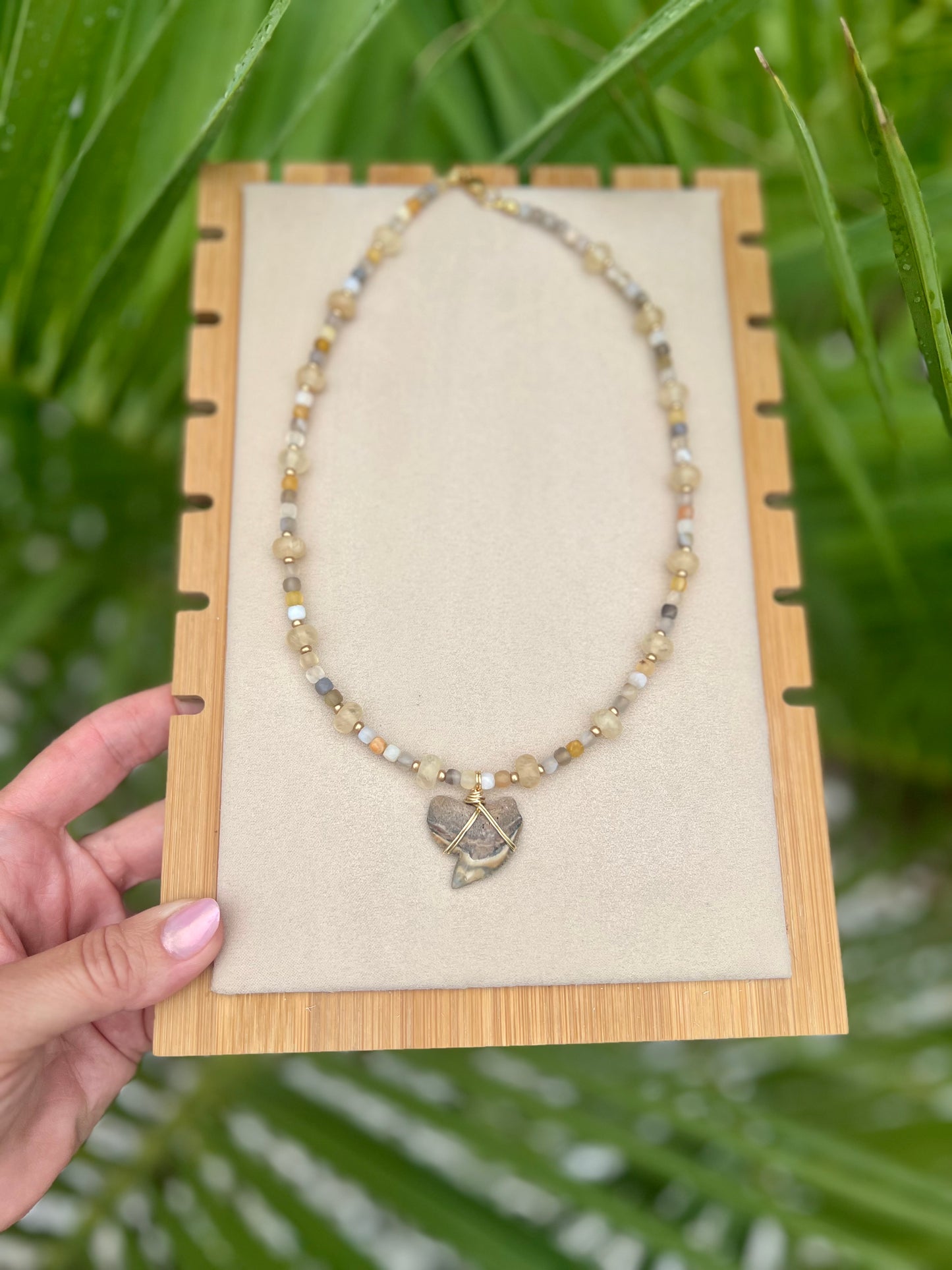 Very Rare Golden tie dye Tiger Shark tooth necklace with natural Botswana agate and gold rutilated quartz ￼