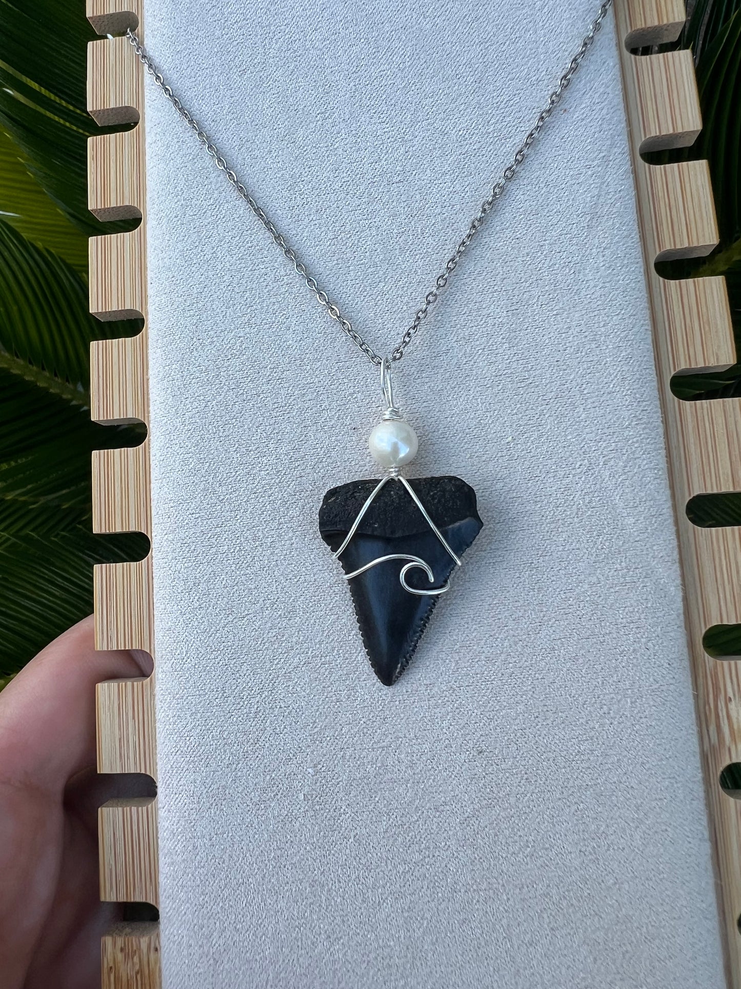 Pearly White- Great White Shark Tooth + Pearl and Wave Design