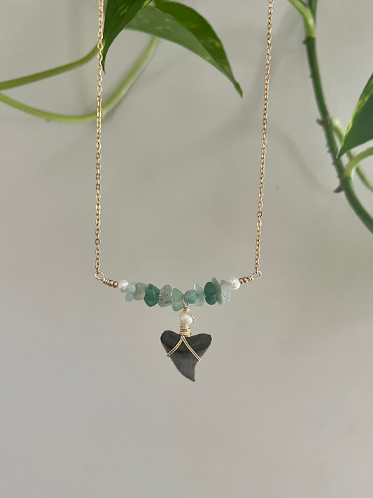 Ocean Treasure Necklace - Bull Shark tooth + Aventurine and Pearls