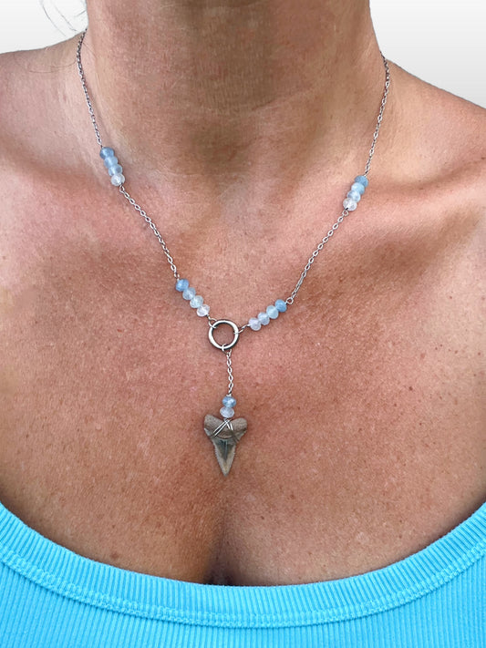 Aquamarine + Cream Great White Shark tooth necklace