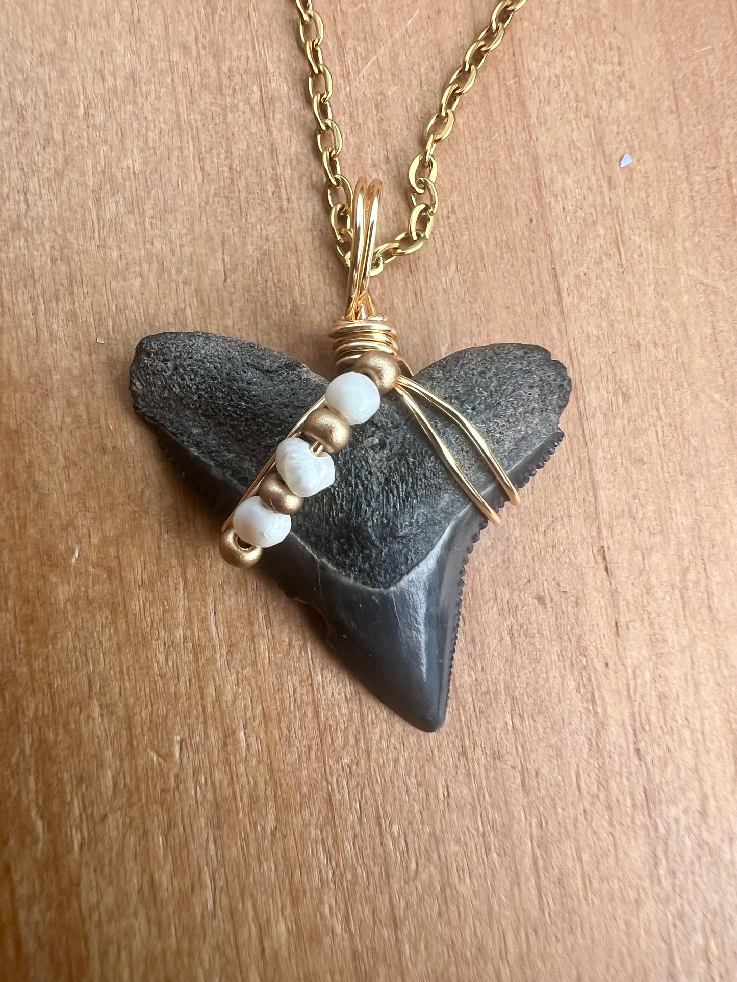 Shark tooth necklace with freshwater pearls