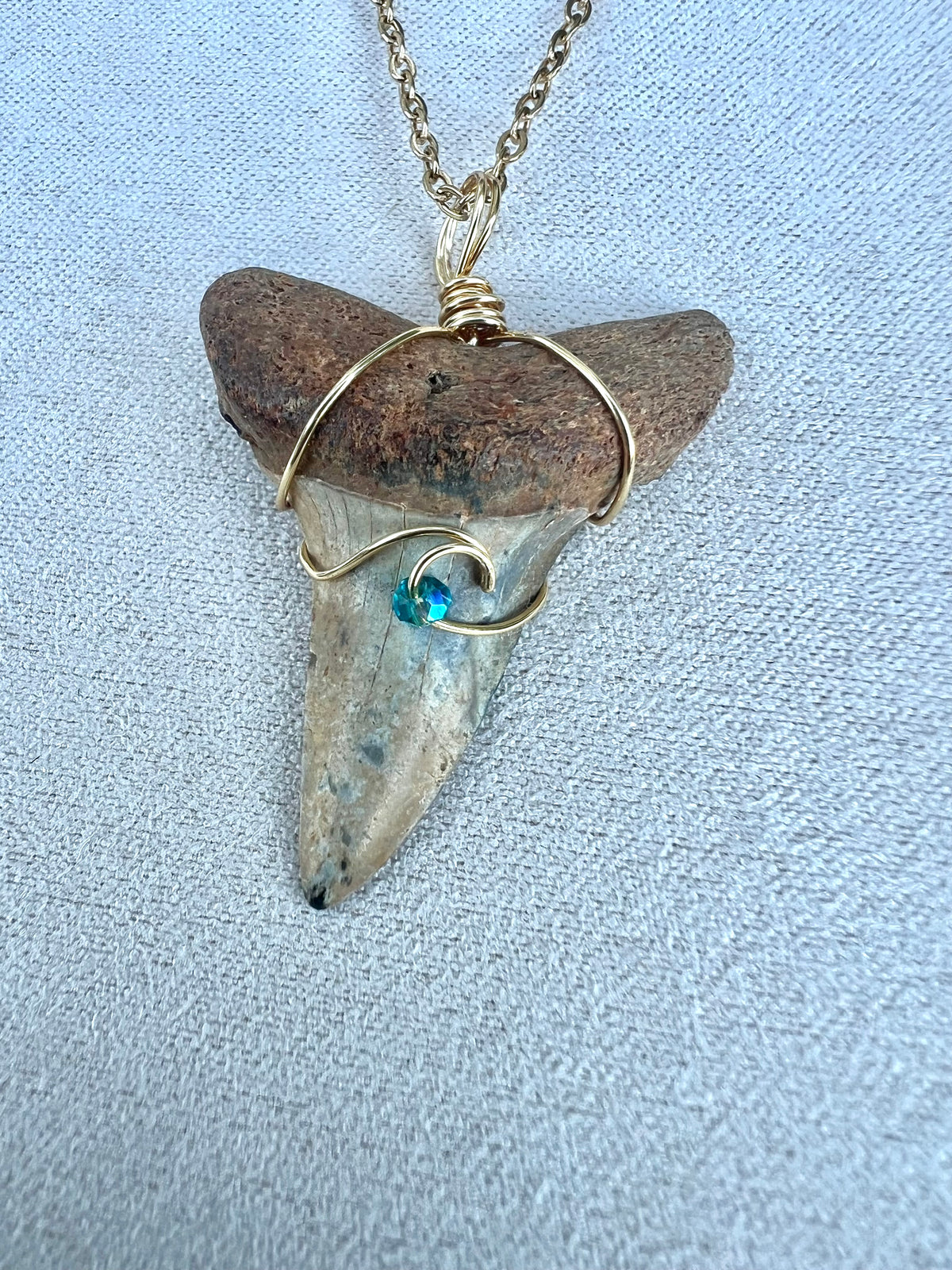 Stunning One-of-a-Kind Cream Marble Hastalis Shark Tooth Necklace with wave design and Swarovski Crystal