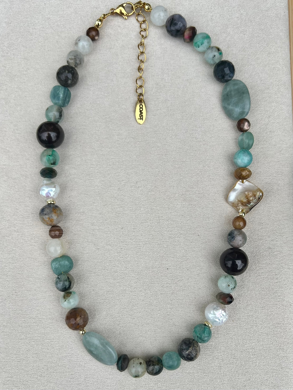 Tidal Renewal- 100% natural gemstones and pearl grounding necklace- kyanite, red garnet, Chrysocolla, tiger eye, shells, baroque pearls