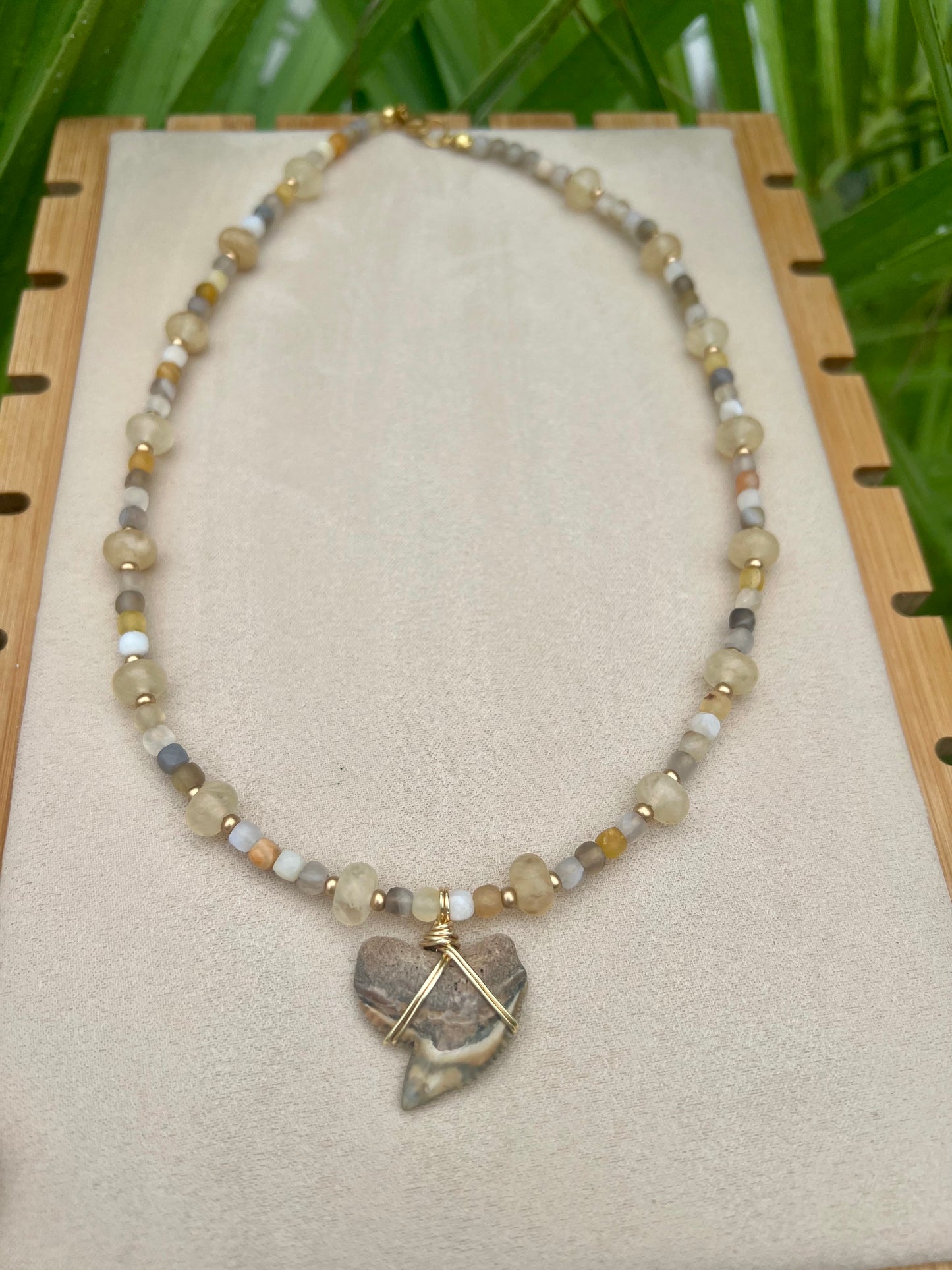 Very Rare Golden tie dye Tiger Shark tooth necklace with natural Botswana agate and gold rutilated quartz ￼