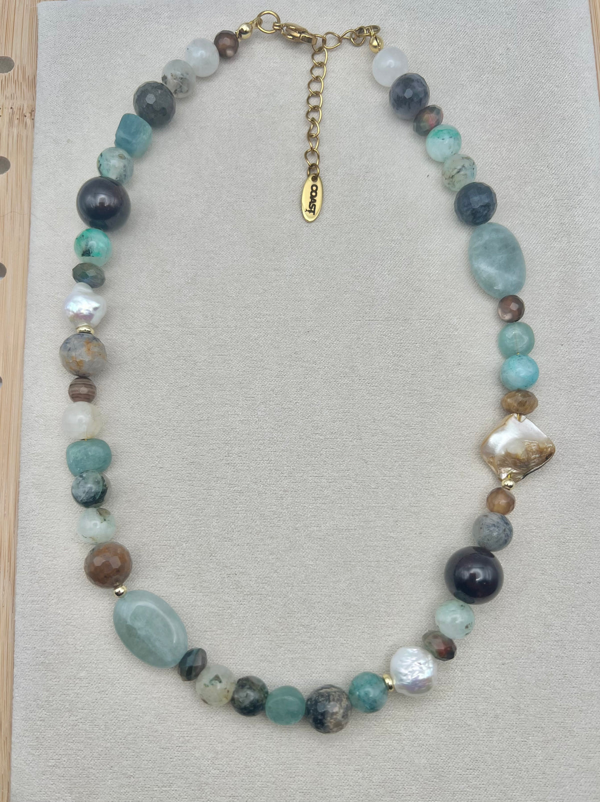 Tidal Renewal- 100% natural gemstones and pearl grounding necklace- kyanite, red garnet, Chrysocolla, tiger eye, shells, baroque pearls