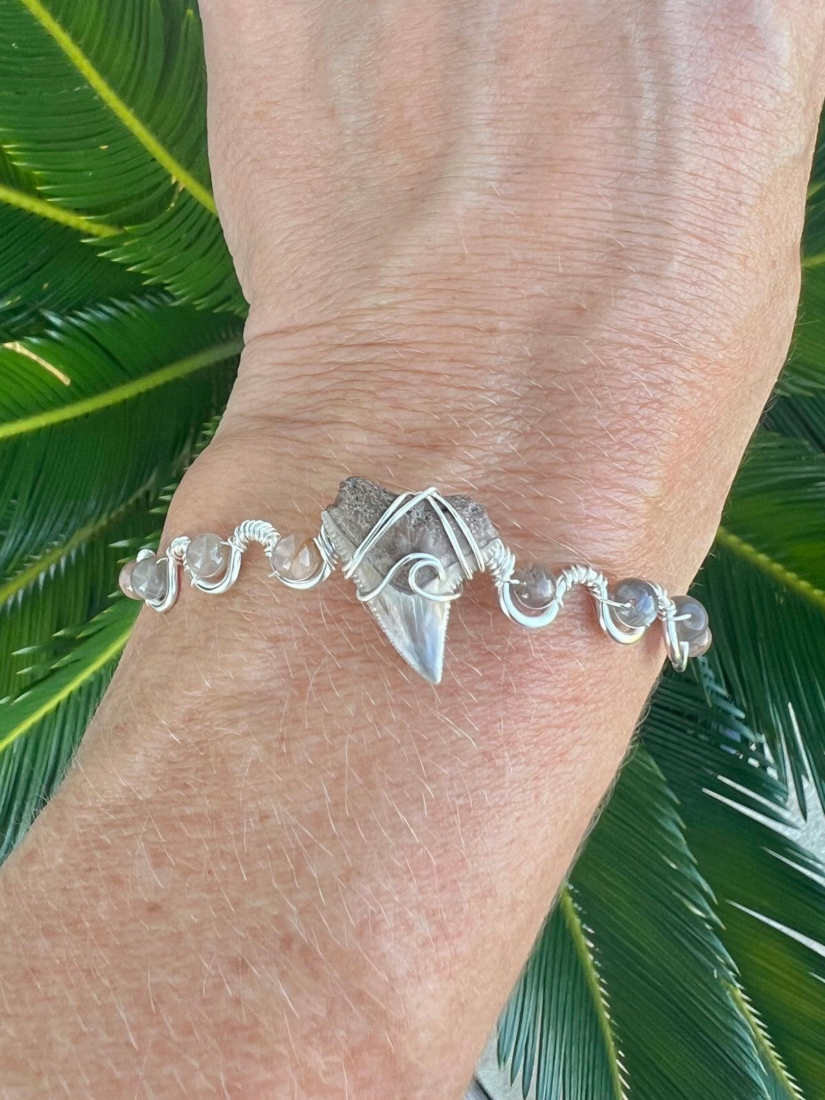 Shark tooth + moonstone silver cuff bracelet