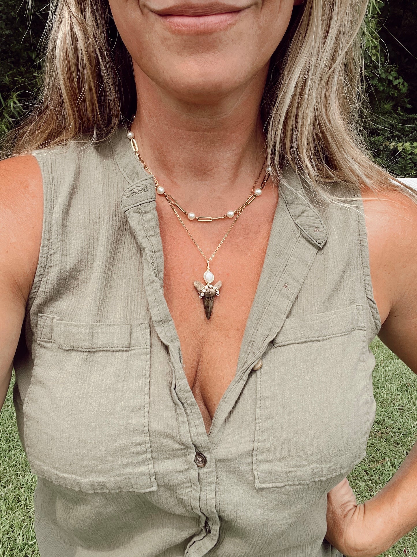 Coastal Shark tooth multi-layer necklace with freshwater pearls