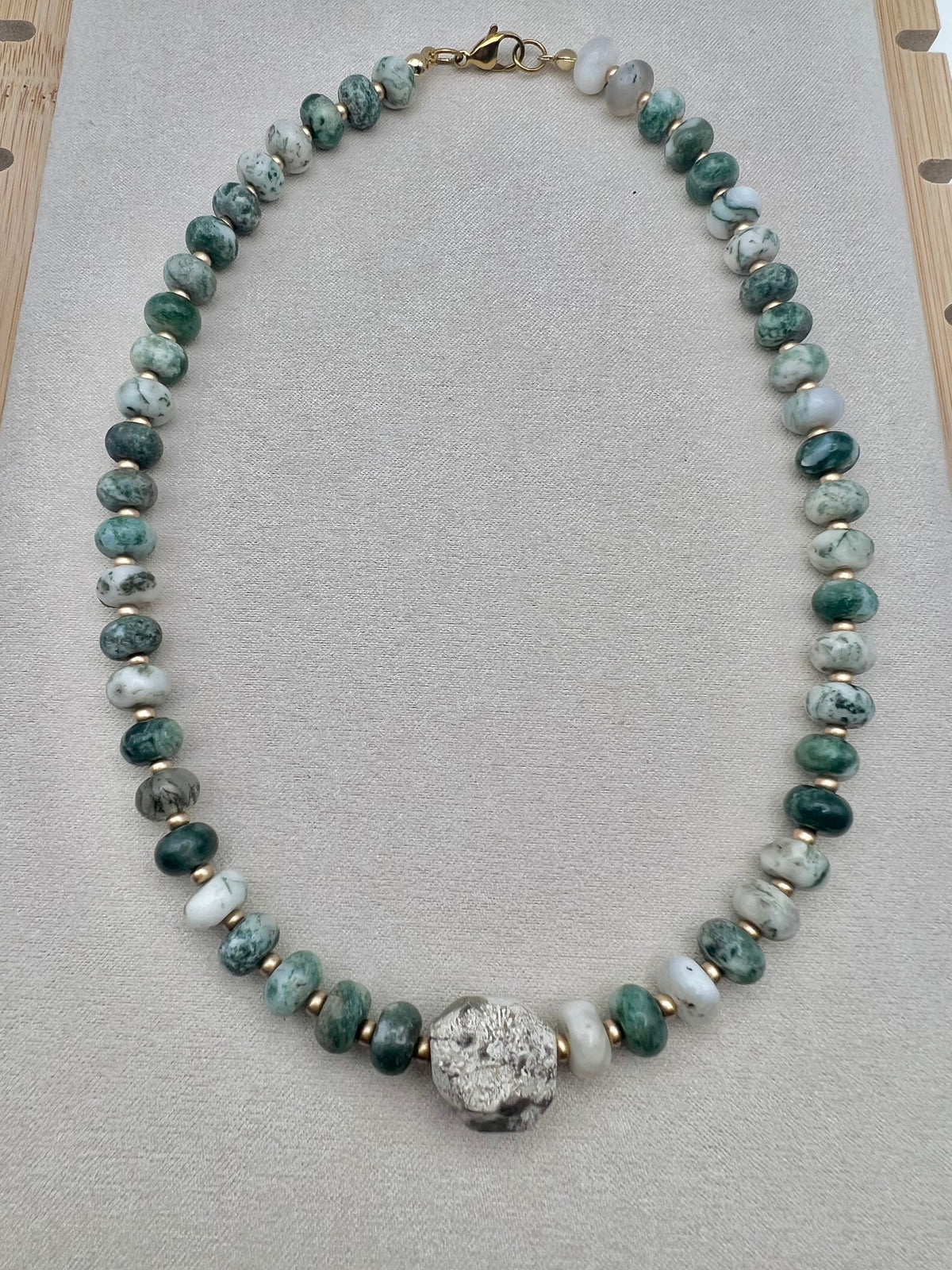 Mossy tides- Green marbled rondelle with Mushroom Jasper bead necklace