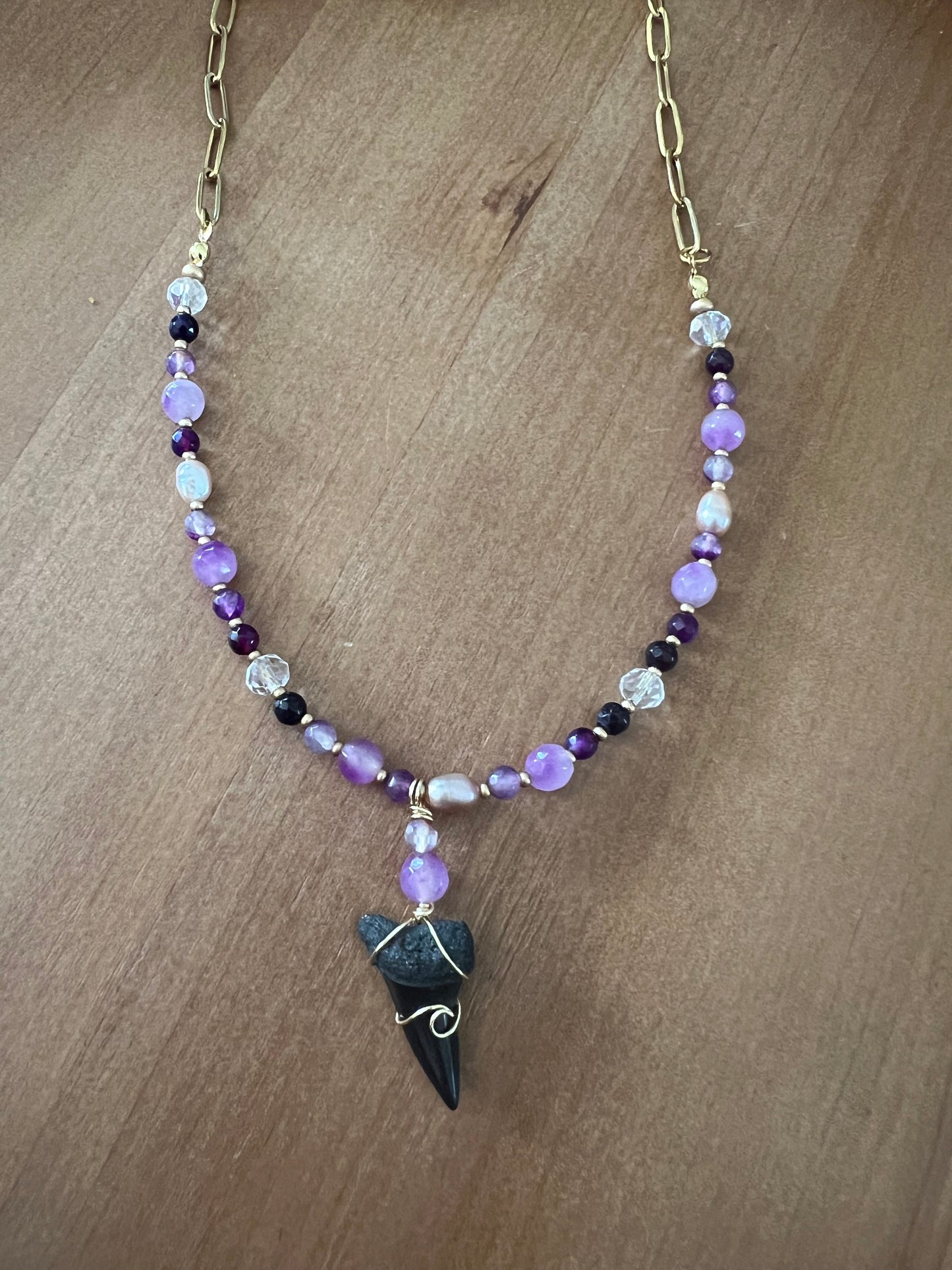 Violet Tides Collection- Gold: purple jade, Botswana, pearl, and fossilized Mako shark tooth necklace
