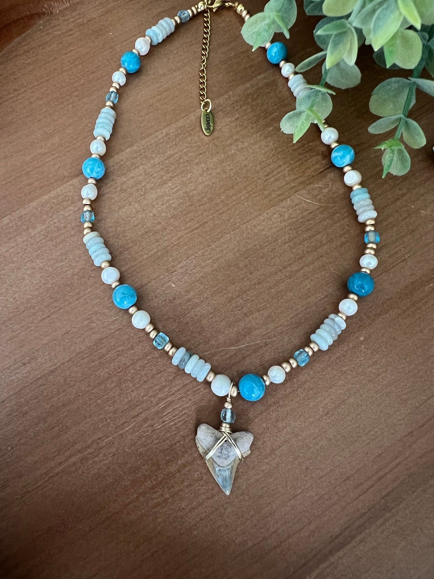 Blue Hour- Rare Bull Shark Tooth with Larimar quartz, blue topaz, freshwater pearls, and sea sediment beads
