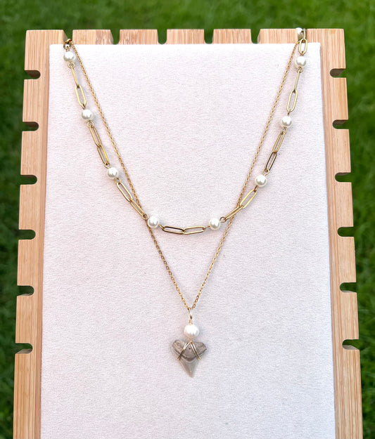 Ocean Boulevard - Layered Pearl and Shark Tooth Necklace