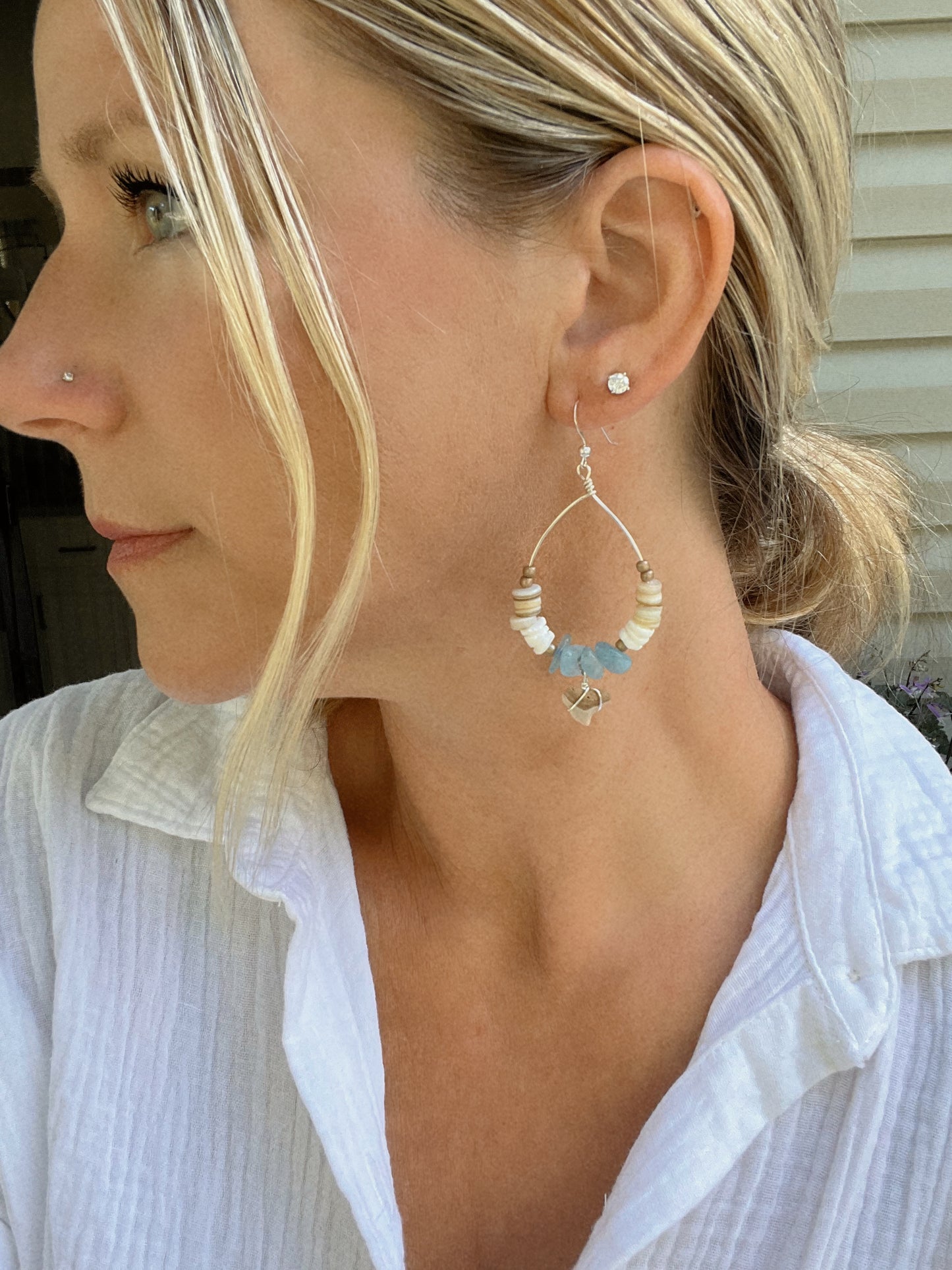Ocean Myst - Shark Tooth + Aquamarine Earrings