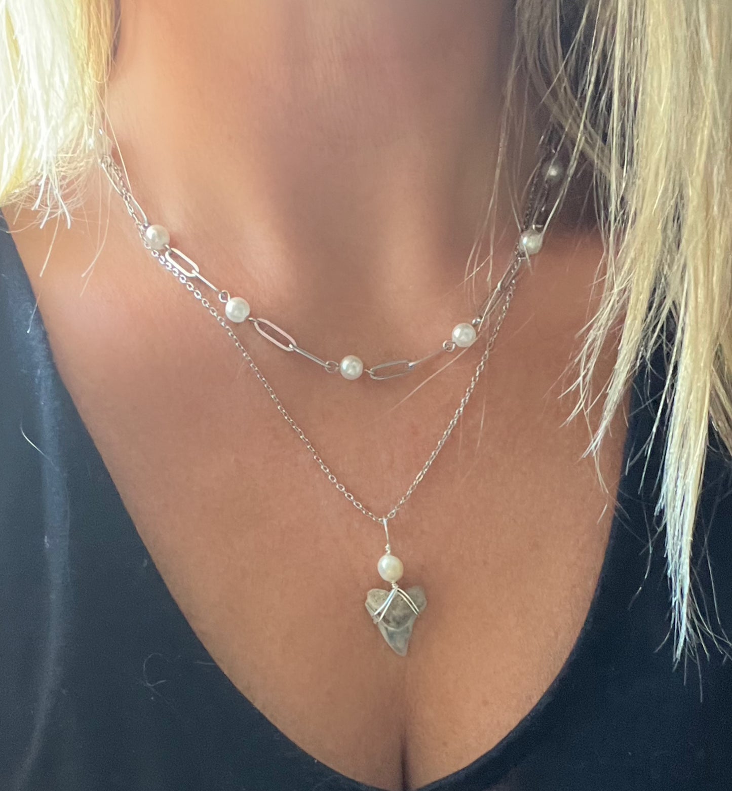 Ocean Boulevard - Layered Pearl and Shark Tooth Necklace