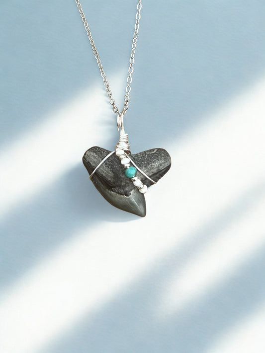 Tiger Shark tooth necklace with freshwater pearls and genuine turquoise