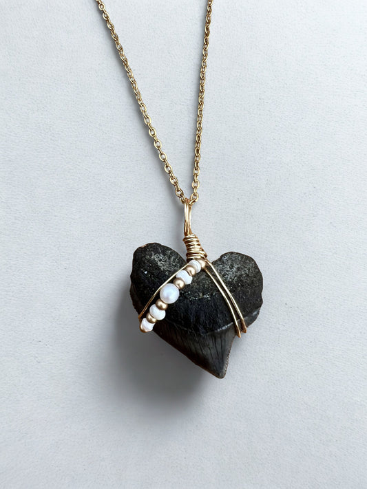 Crow Shark tooth necklace with mini freshwater pearls