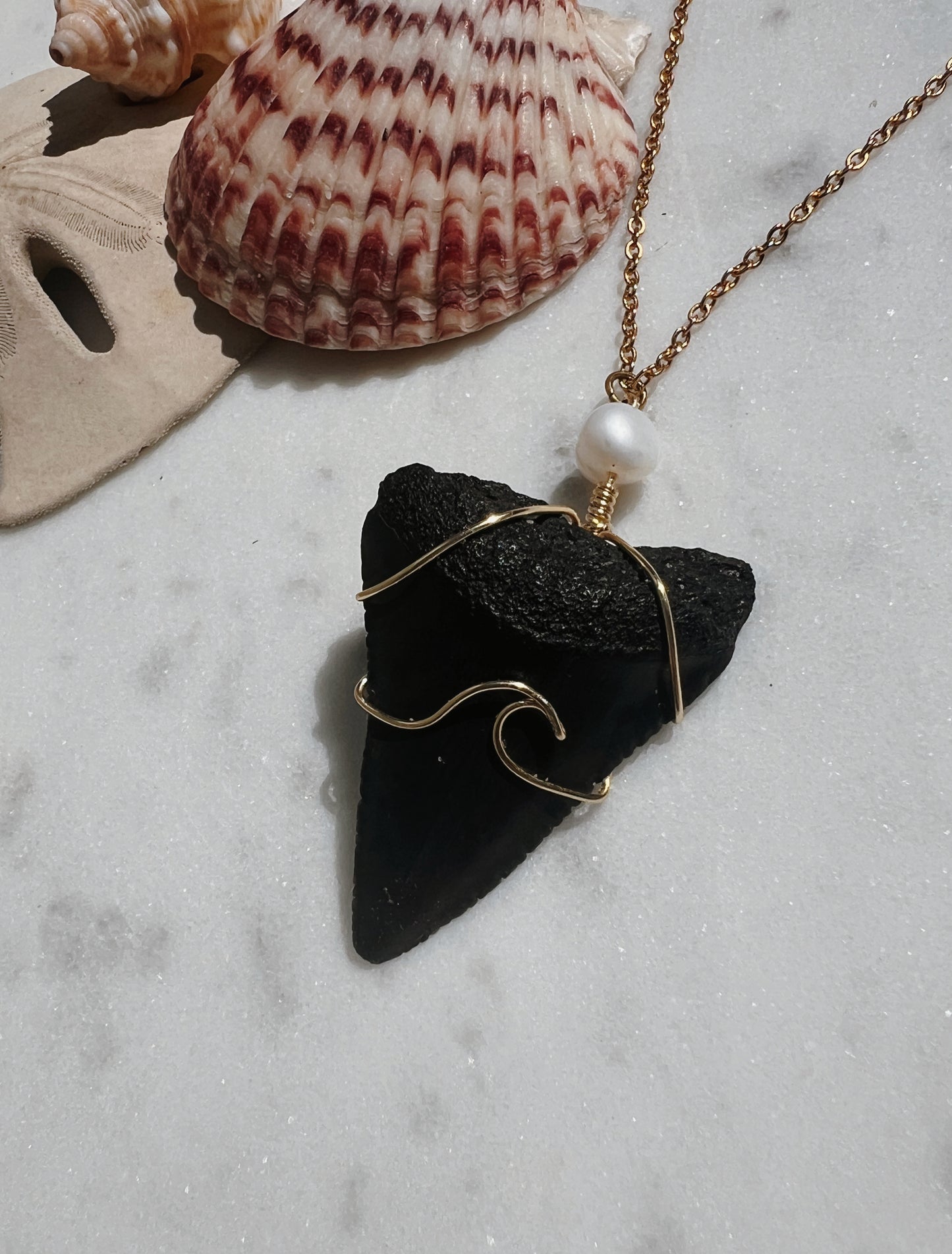 Pearly White- Great White Shark Tooth + Pearl and Wave Design