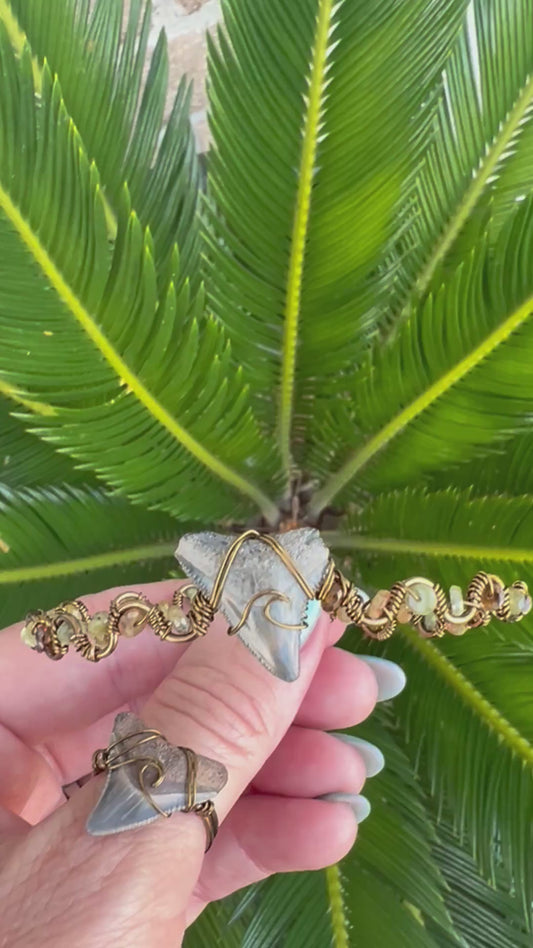 Coastal Cuffs- Shark tooth with green garnet gemstones, and bronze cuff bracelet