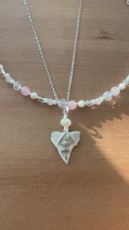Rose quartz + pink pearls + Bull Shark tooth necklace set