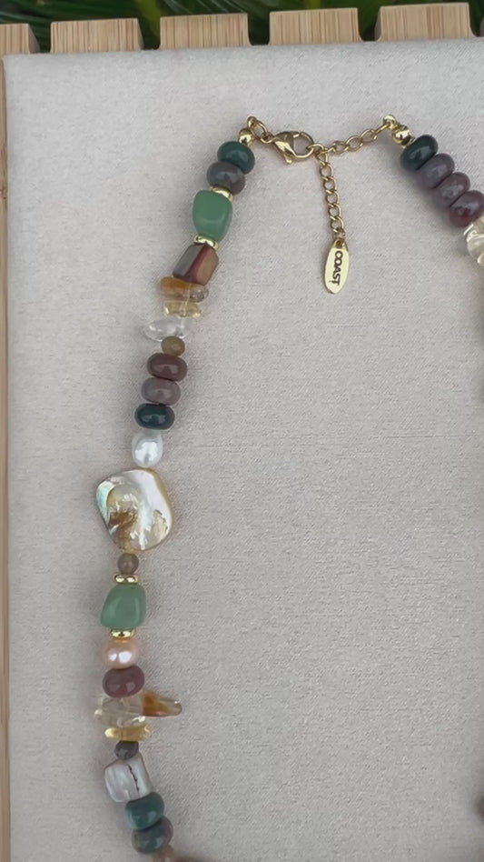 Tidal renewal- citrine, green aventurine, freshwater pearls, shells, and Indian agate beaded necklace - grounding jewelry