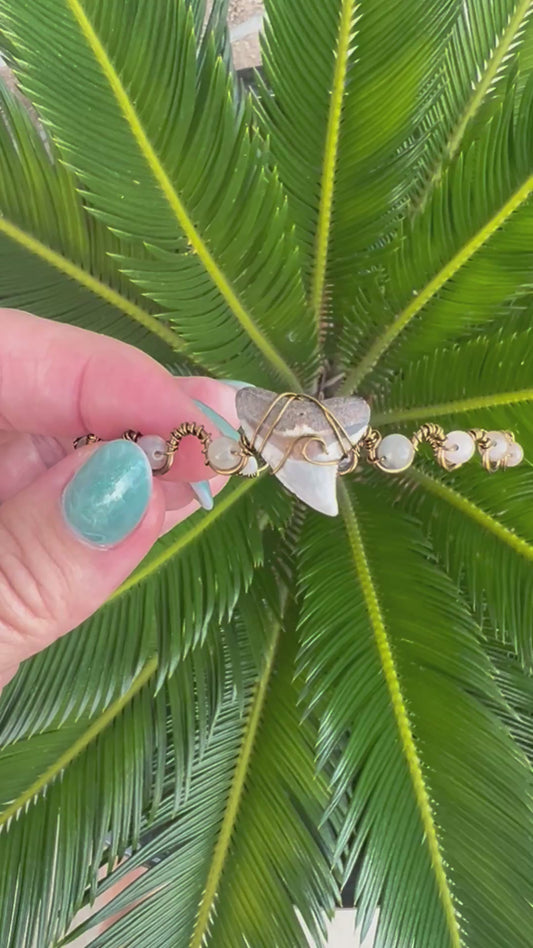 Coastal Cuffs-Shark tooth + moonstone bronze cuff bracelet