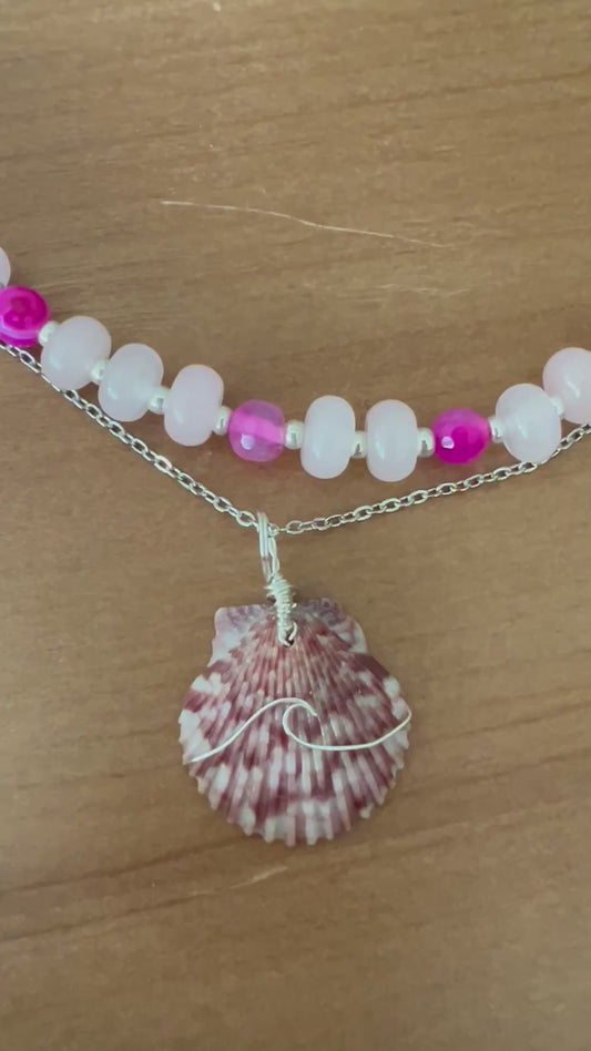 Calico Kiss- 2 layer scallop shell with rose quartz and hot pink Botswana beads