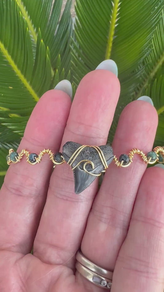 Coastal Cuffs-Shark tooth + Blue Tourmaline Gold Cuff Bracelet