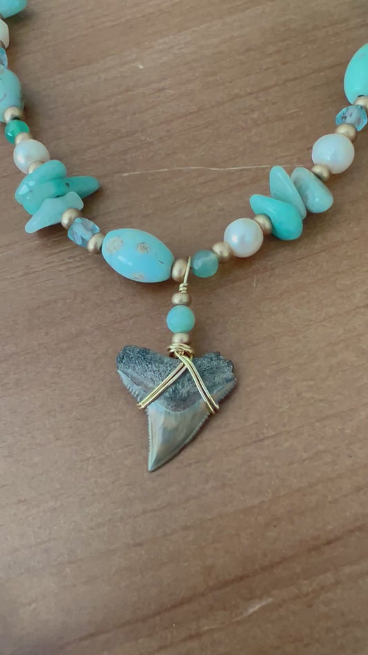 Coastal Reef-Bull Shark tooth necklace with dragon skin agate, blue topaz, light green jade, Amazonite, and freshwater pearls details