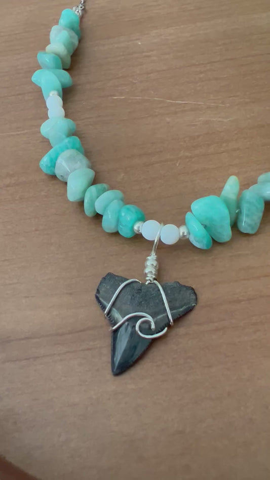 Tidal Break- Fossilized bull shark with wave design + Amazonite and white shell beads