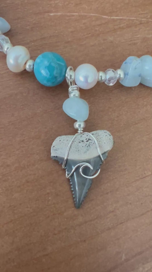 Calm Waters- Great White Shark tooth with aquamarine, Larimar, and freshwater pearls
