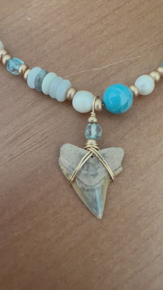 Blue Hour- Rare Bull Shark Tooth with Larimar quartz, blue topaz, freshwater pearls, and sea sediment beads