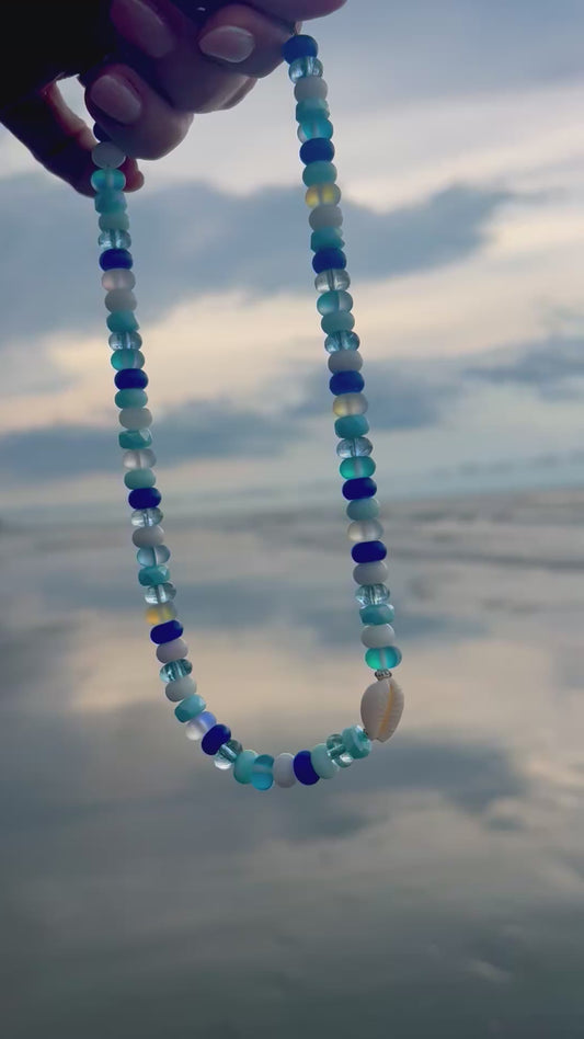 Ocean Blues Beaded Necklace with Cowrie Shell