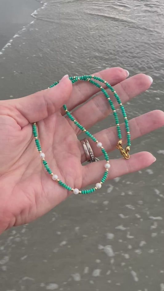Sea Jewel- genuine turquoise and freshwater pearl dainty necklace