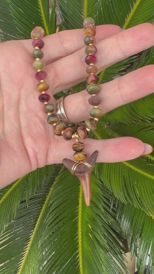 Chocolate Shark tooth and galaxy tiger eye bead necklace - one of a kind - rare fossil jewelry