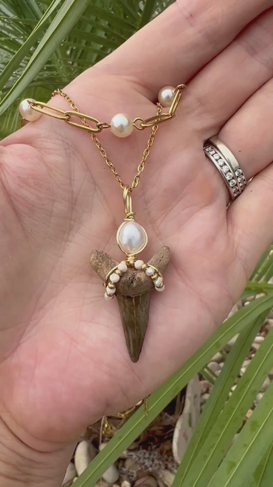 Coastal Shark tooth multi-layer necklace with freshwater pearls
