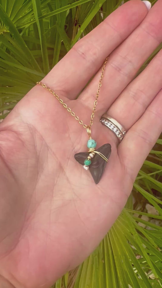 Bull Shark tooth necklace with freshwater pearls and genuine turquoise